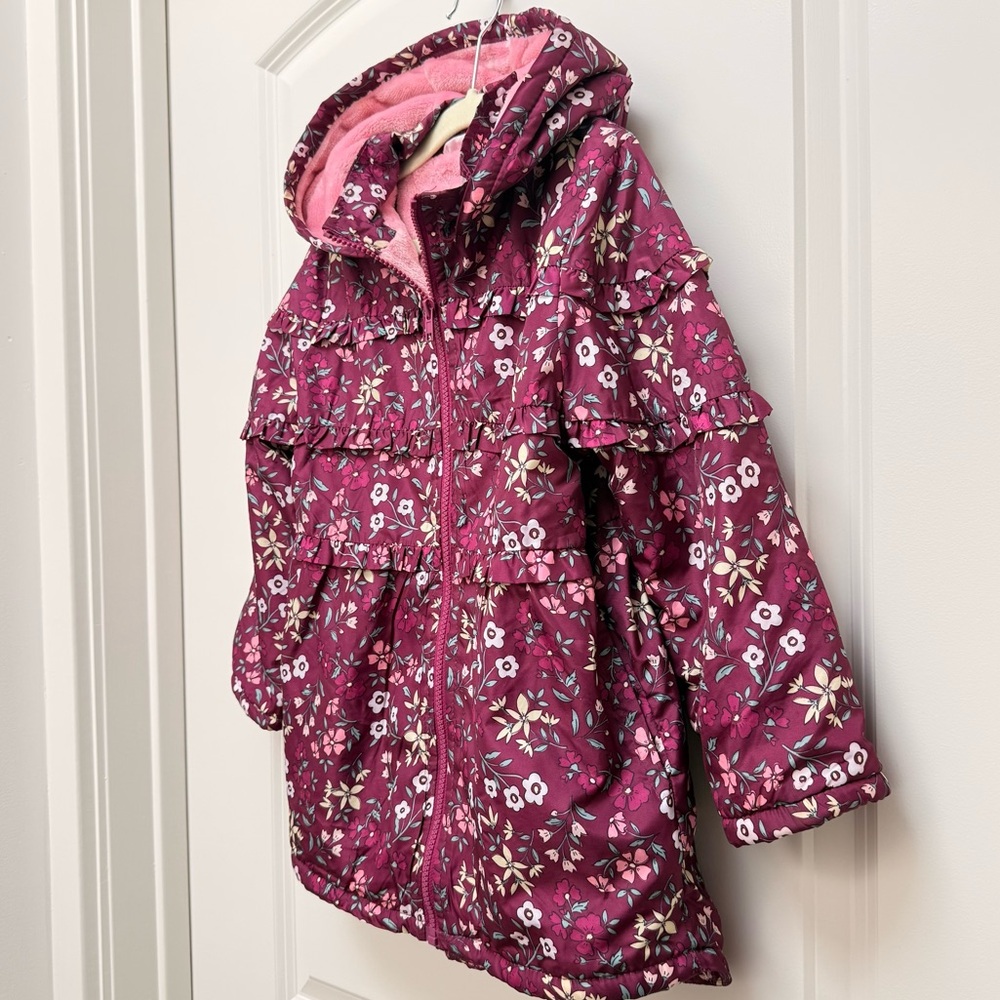 Penelope Mack Girls Floral Purple Pink Hooded Coat with Ruffles - Picture 6 of 10